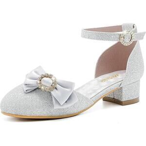 Motasha Big Girls Size 1 Silver Glitter Ankle Strap 1" Heel Wedding Dressy Shoes